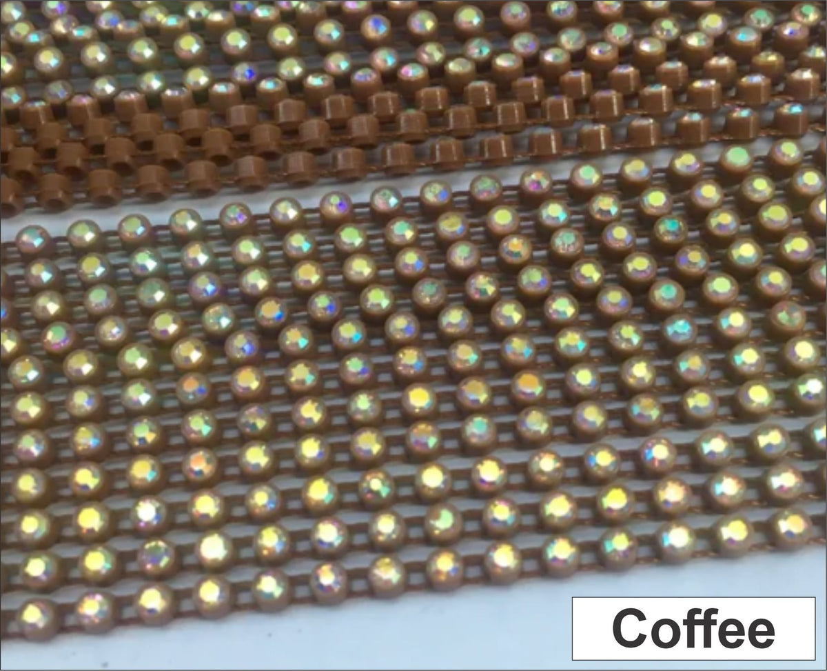 Close-up of rows of ss6 plastic cup rhinestone banding in coffee with AB crystal stones