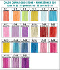 Chart of 21 colour options for ss6 colour-chain rhinestone banding, solid stones in coloured settings from red to purple