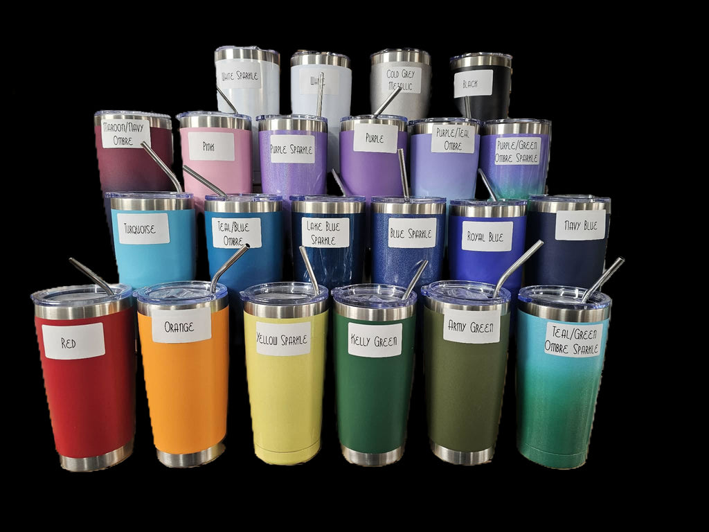 Rows of stainless steel tumblers with straws in many colours, each with a colour name tag