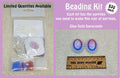 Beading kit bag of beads and supplies beside the finished pastel cotton candy oval earrings it makes, with a ruler