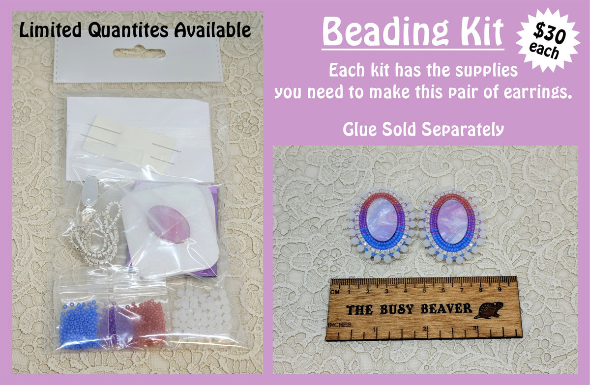 Beading kit bag of beads and supplies beside the finished pastel cotton candy oval earrings it makes, with a ruler