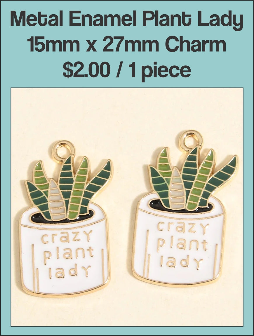 Two enamel 15 x 27mm plant pot charms reading 'crazy plant lady' with green succulent leaves