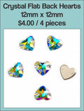 Card of 12mm crystal AB flat back hearts with sew holes, showing four hearts and the back