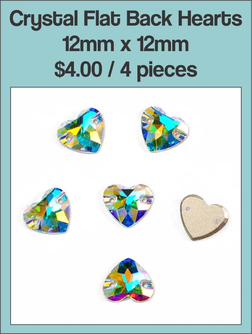 Card of 12mm crystal AB flat back hearts with sew holes, showing four hearts and the back