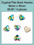 Card of 16mm crystal AB flat back hearts with sew holes, showing four hearts and the back