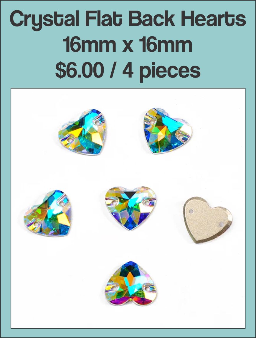 Card of 16mm crystal AB flat back hearts with sew holes, showing four hearts and the back