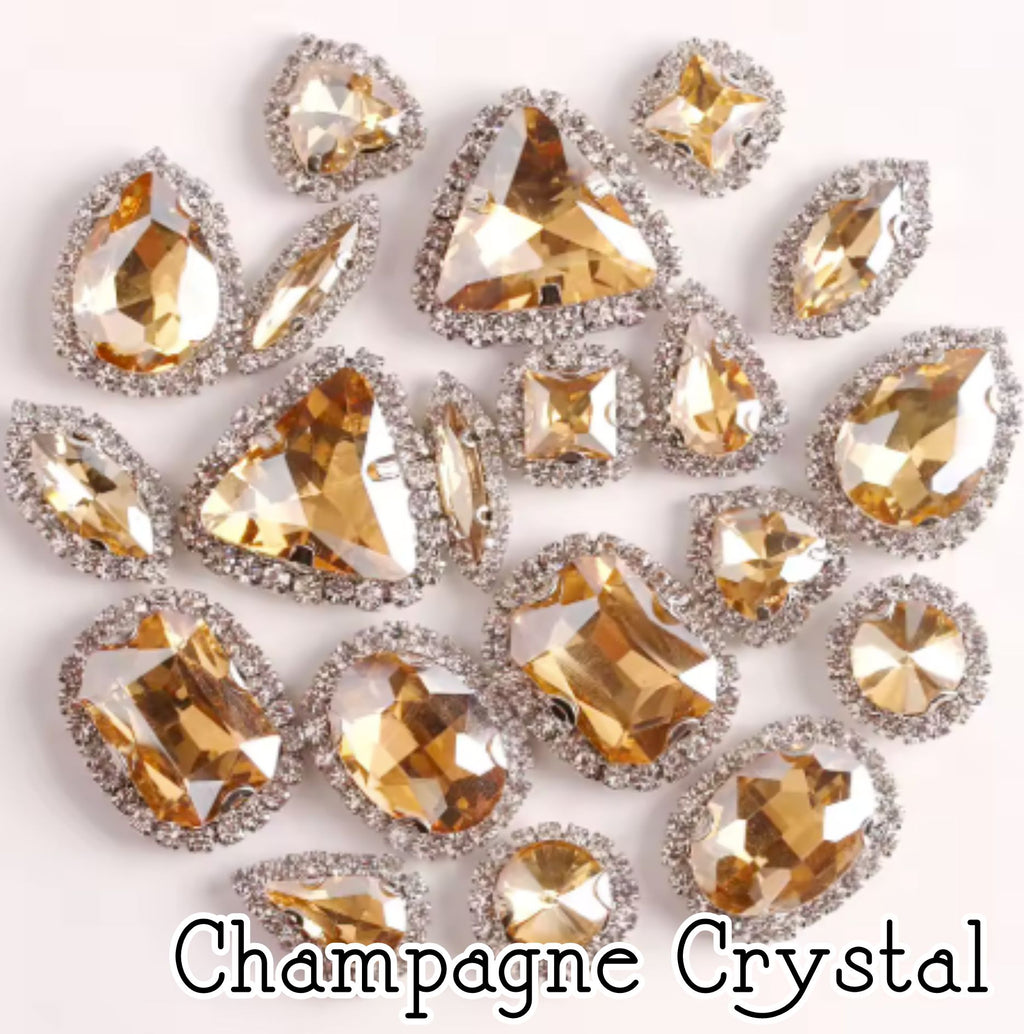 Sew-on crystal rhinestones in champagne crystal, in 10 shapes with silver claw settings