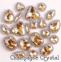 Sew-on crystal rhinestones in champagne crystal, in 10 shapes with silver claw settings