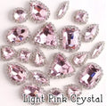 Sew-on crystal rhinestones in light pink crystal, in 10 shapes with silver claw settings