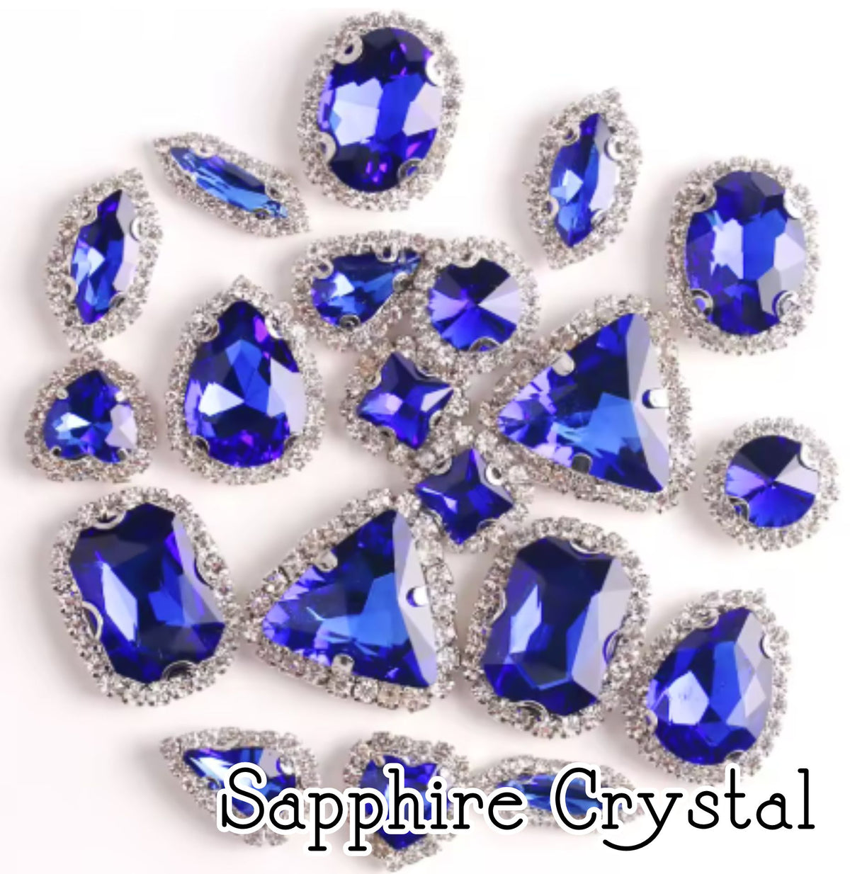 Sew-on crystal rhinestones in sapphire crystal, in 10 shapes with silver claw settings