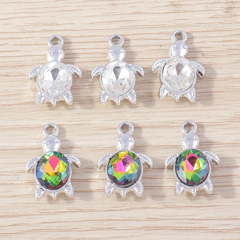 Silver-tone 21 x 14mm turtle charms with clear and iridescent shell backs