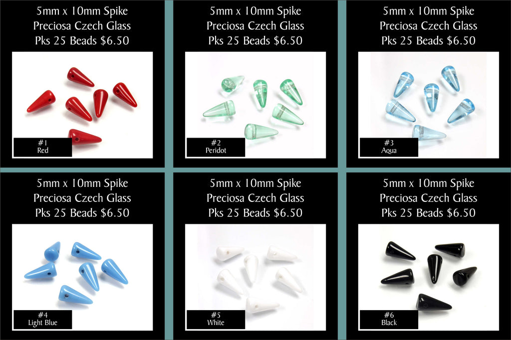 Grid of six colours of 5 x 10mm Preciosa Czech glass spike beads: red, peridot, aqua, light blue, white and black