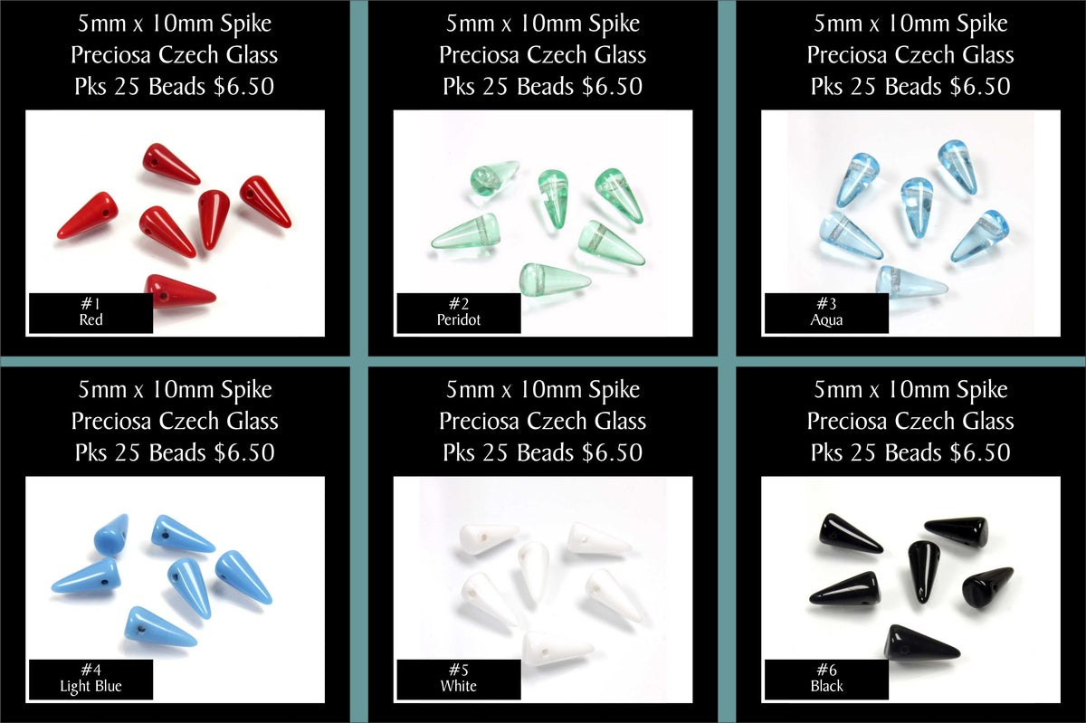 Grid of six colours of 5 x 10mm Preciosa Czech glass spike beads: red, peridot, aqua, light blue, white and black