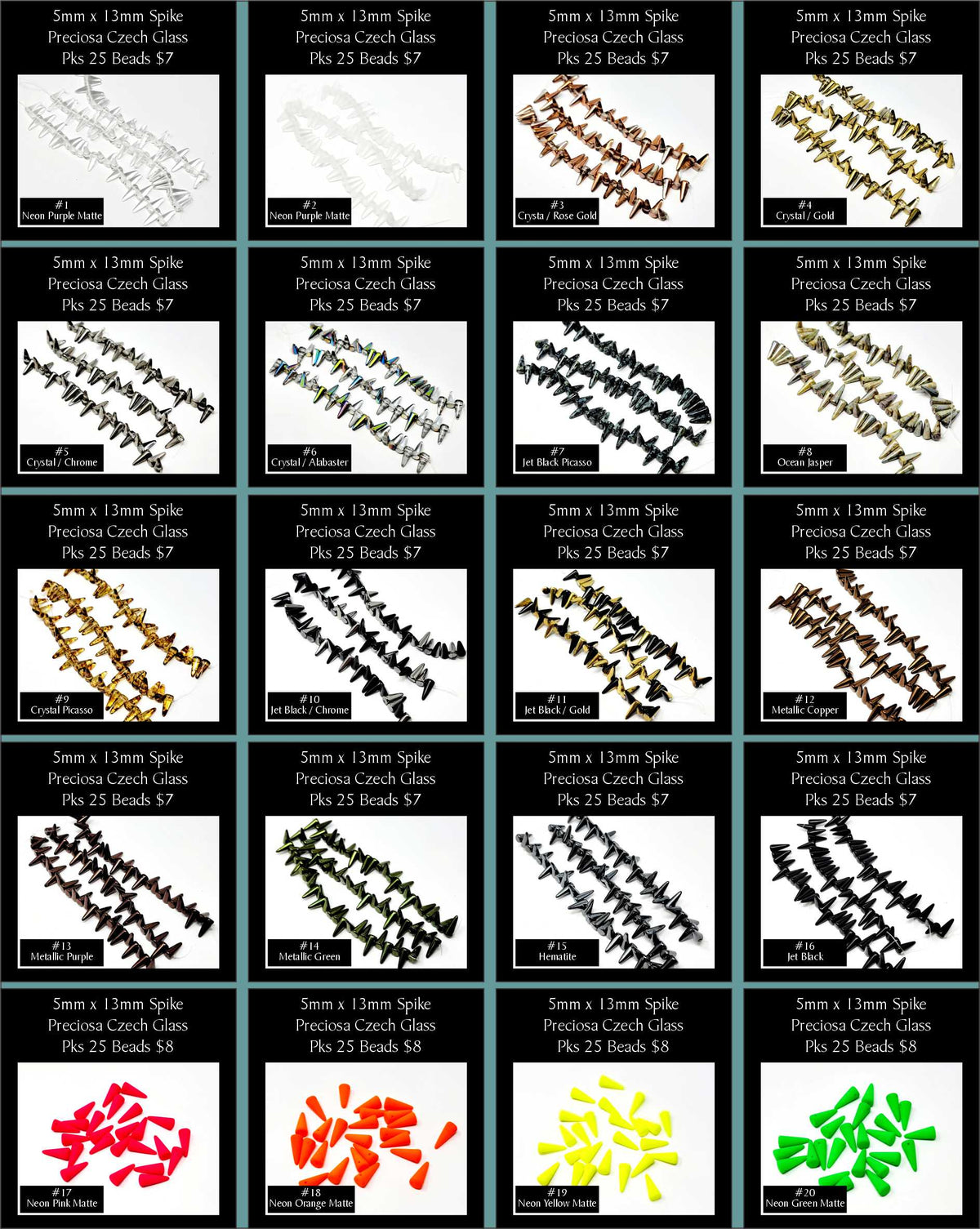 Grid of 20 colour options for 5 x 13mm Preciosa Czech glass spike beads, from crystal and metallics to matte neons