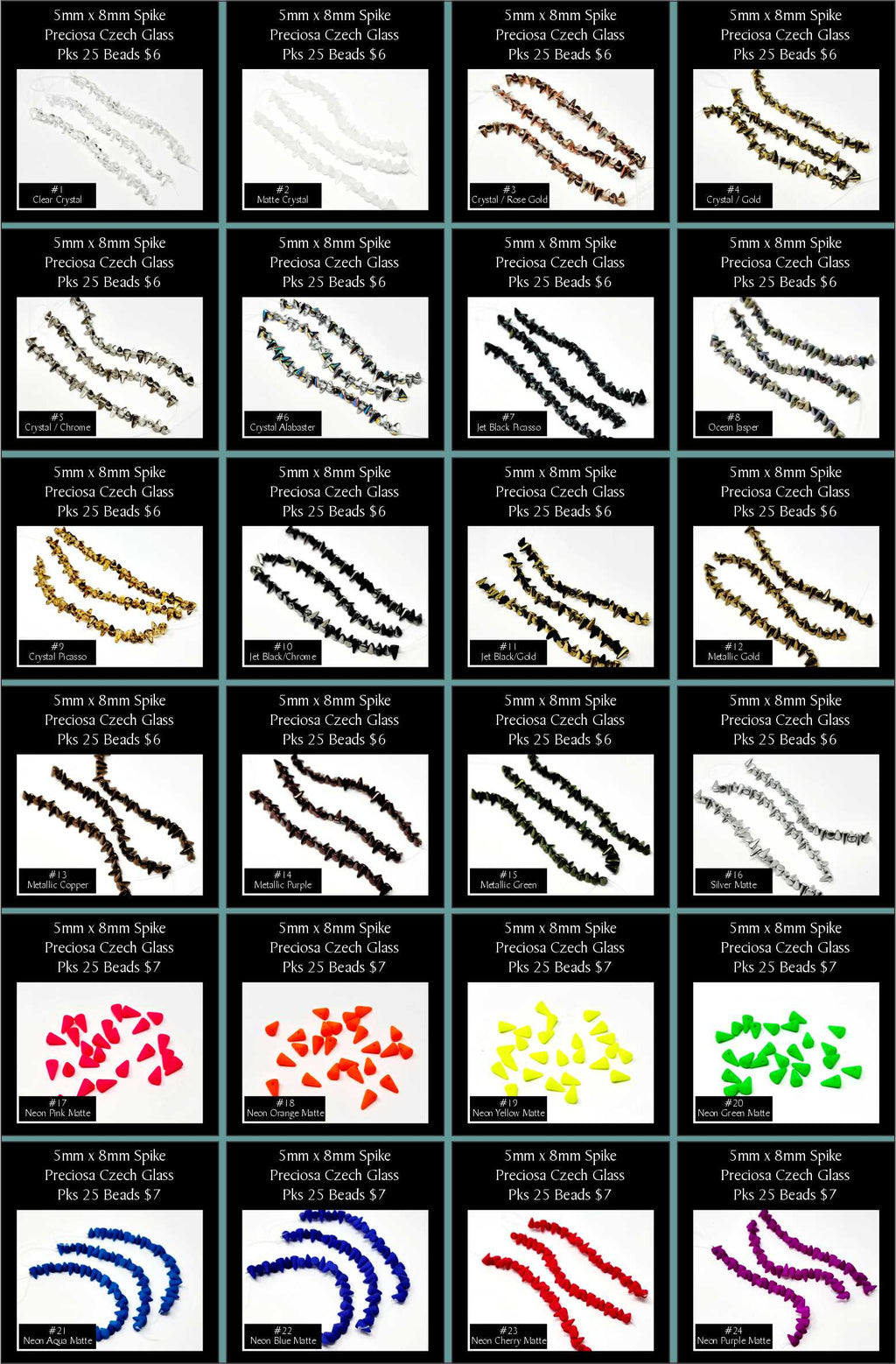 Grid of 24 colour options for 5 x 8mm Preciosa Czech glass spike beads, including crystal, metallic and matte neon