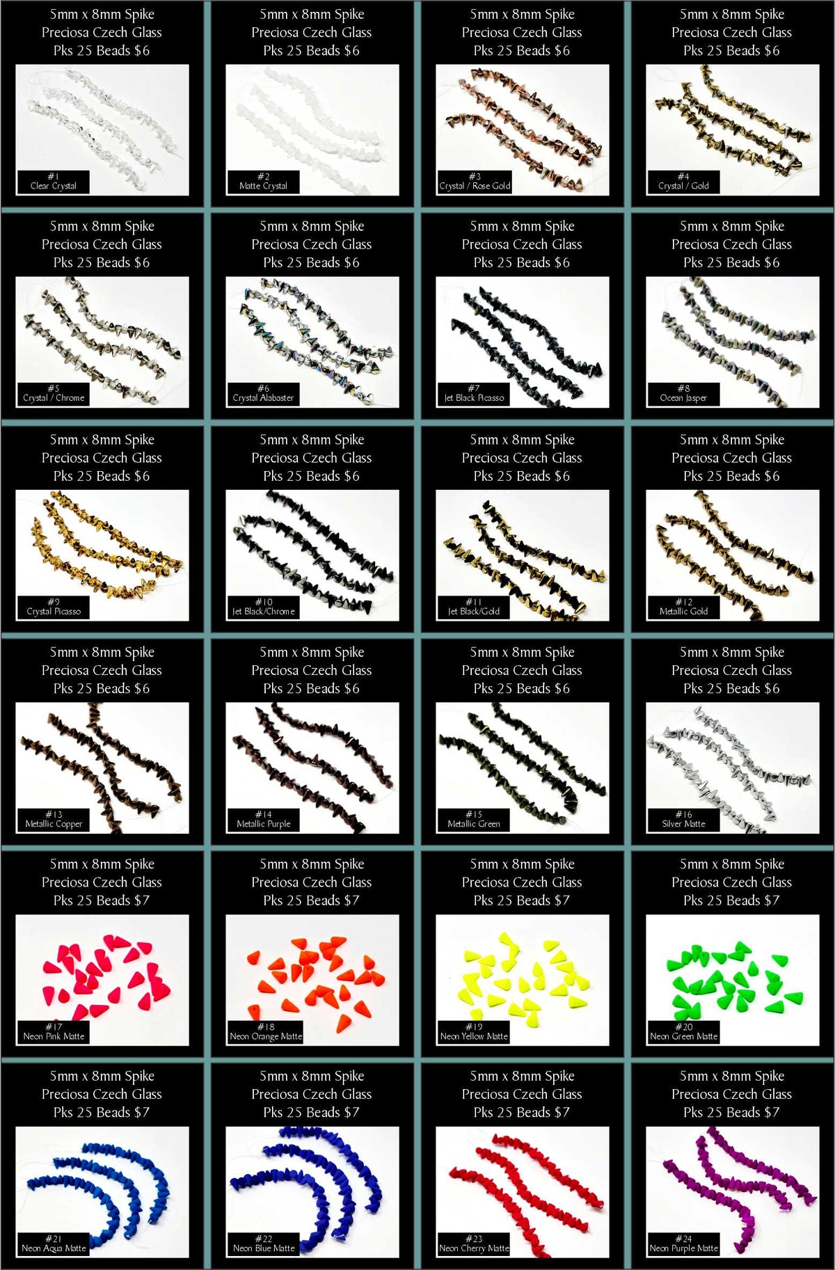 Grid of 24 colour options for 5 x 8mm Preciosa Czech glass spike beads, including crystal, metallic and matte neon