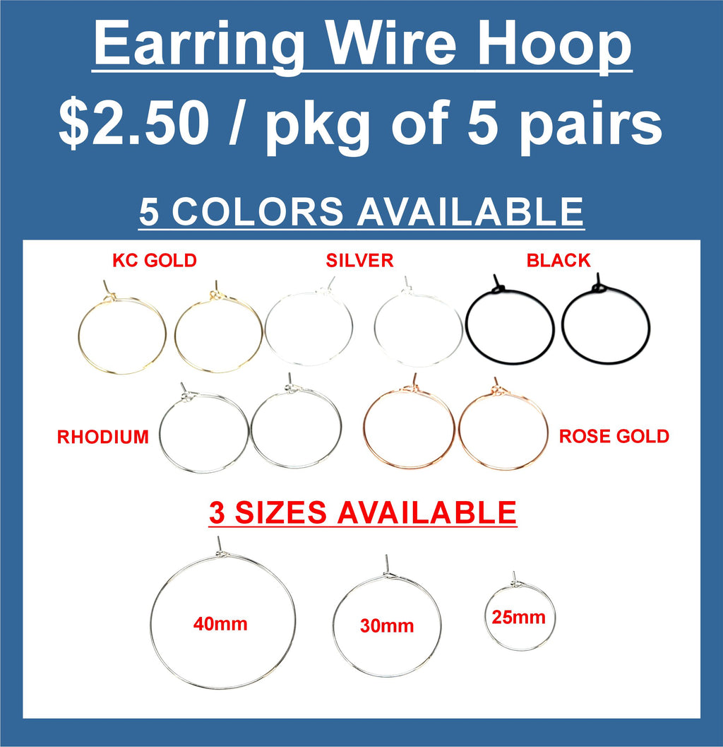 Chart of round wire earring hoops in five colours and three sizes, sold in packs of 5 pairs