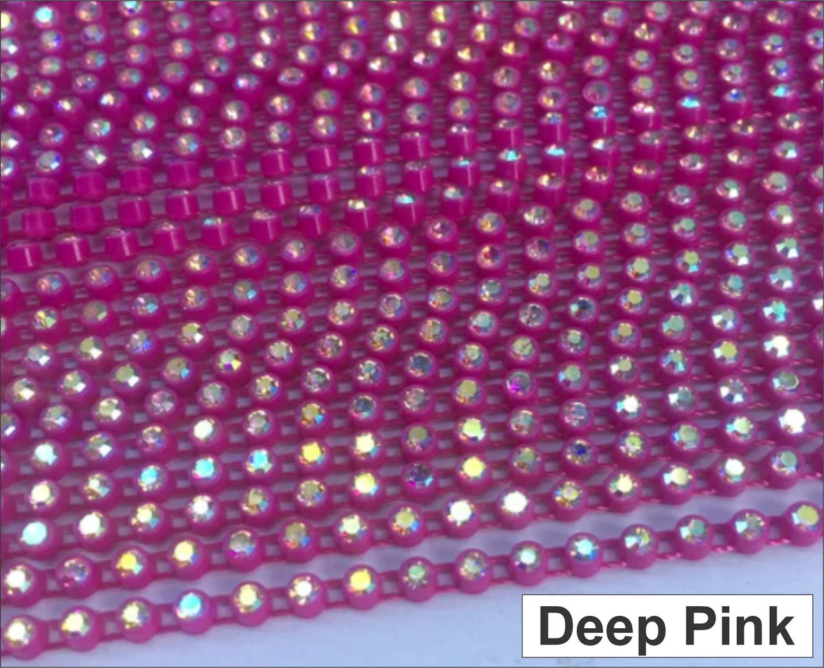Close-up of rows of ss6 plastic cup rhinestone banding in deep pink with AB crystal stones