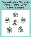 Six silver-tone 14 x 18mm dream catcher chandelier charms with loops below