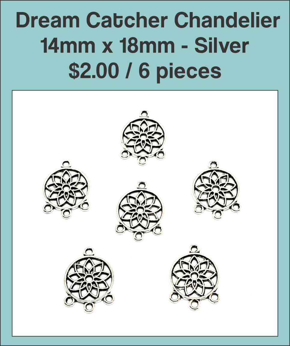 Six silver-tone 14 x 18mm dream catcher chandelier charms with loops below