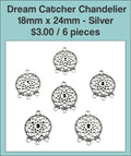 Six silver-tone 18 x 24mm dream catcher chandelier charms with loops below