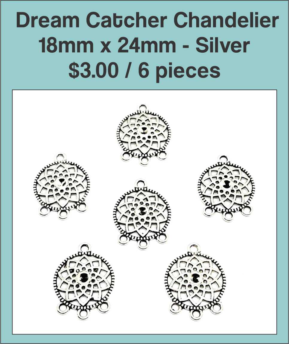 Six silver-tone 18 x 24mm dream catcher chandelier charms with loops below