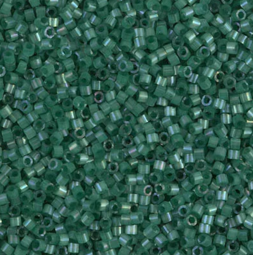 Close-up of Miyuki Delica 11/0 DB1814 cylinder beads in dyed emerald with a silk satin sheen