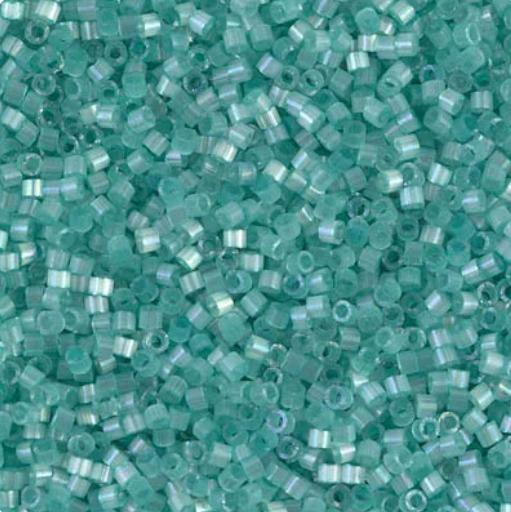 Close-up of Miyuki Delica 11/0 DB1812 cylinder beads in dyed light aqua green with a silk satin sheen