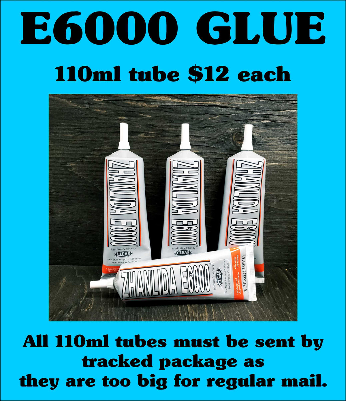 Three 110ml tubes of E6000 craft glue on a blue background, under an E6000 Glue heading