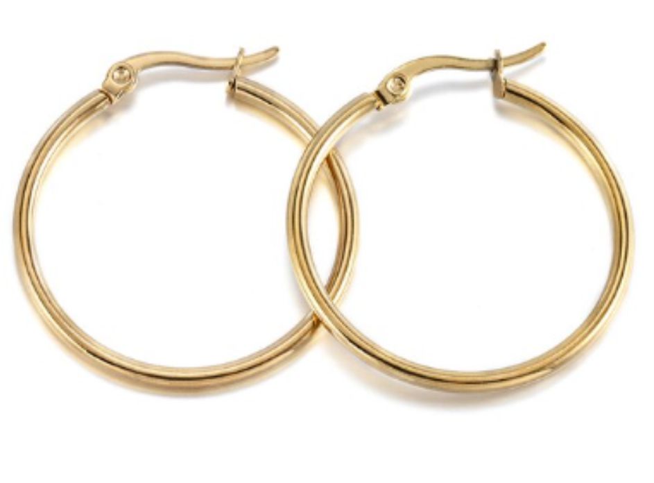 Pair of gold stainless steel open frame hoop earrings on a white background