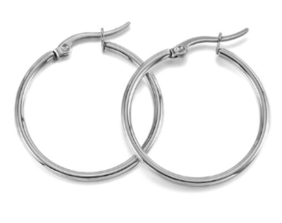 Pair of silver stainless steel open frame hoop earrings on a white background