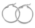 Pair of silver stainless steel open frame hoop earrings on a white background