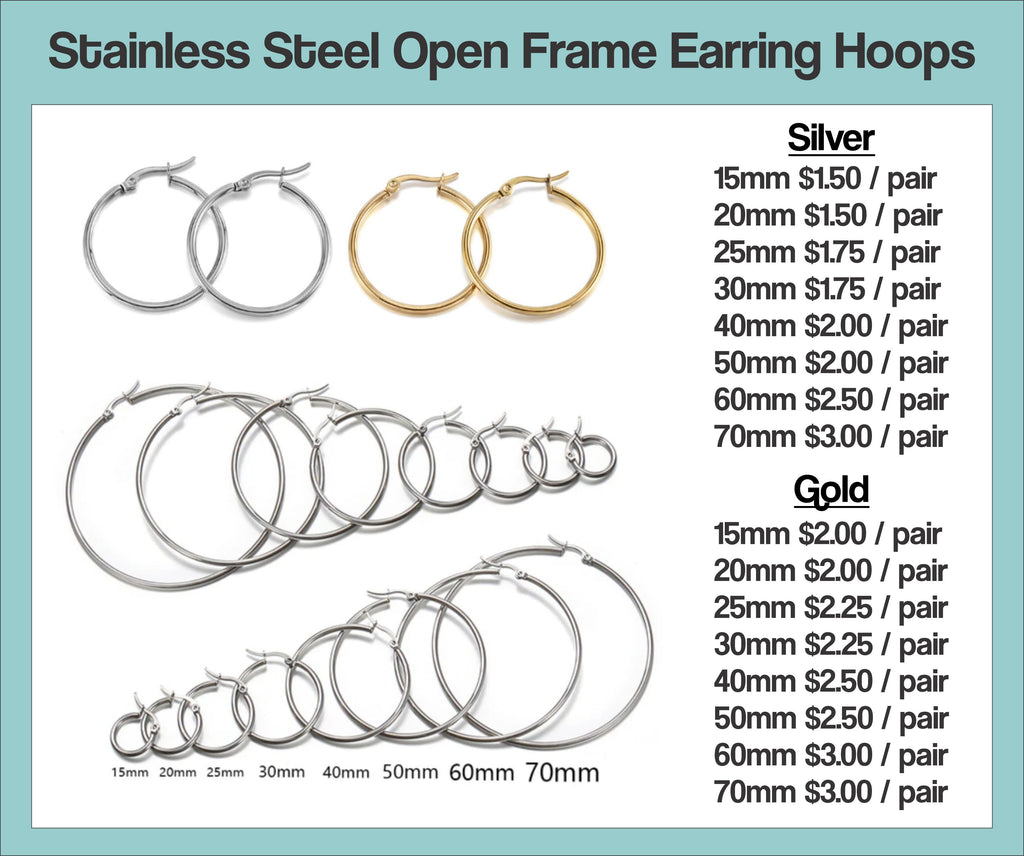 Chart of stainless steel open frame hoop earrings in silver and gold, 15mm to 70mm