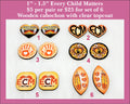 Six pairs of 1 to 1.5 inch Every Child Matters cabochons (cabs) in orange with hearts, handprints, feathers and ECM text