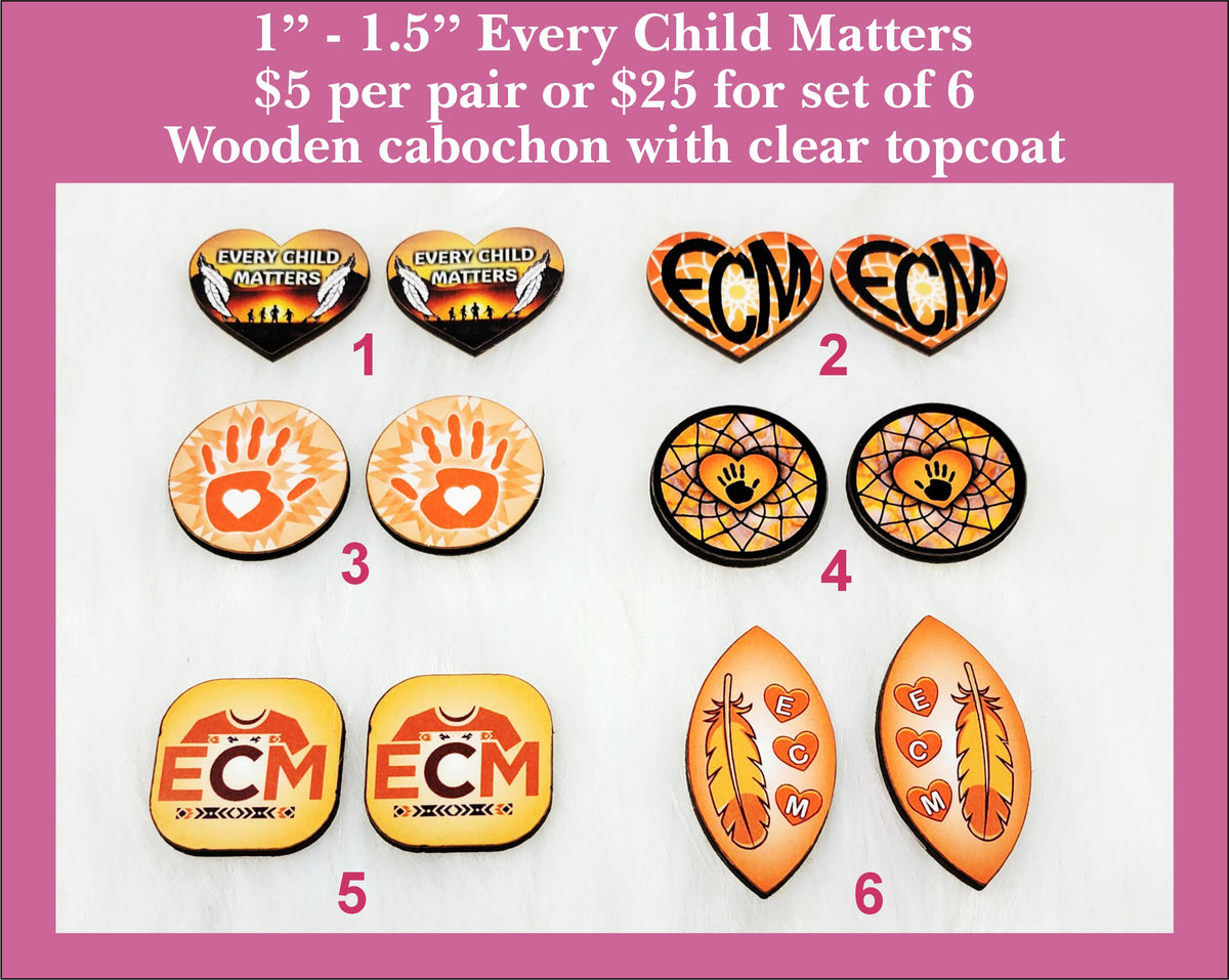 Six pairs of 1 to 1.5 inch Every Child Matters cabochons (cabs) in orange with hearts, handprints, feathers and ECM text