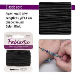 Fablastic 1mm black stretch cord card with specs, a skein and a beaded bracelet