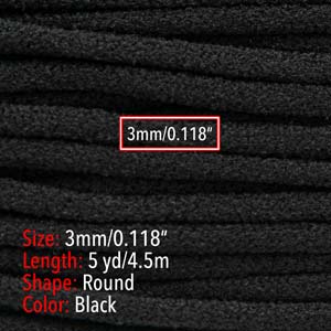 Close-up of 3mm round black stretch cord with a size, length and colour label