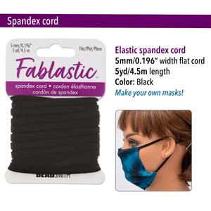 Fablastic 5mm black elastic spandex cord package beside a face mask