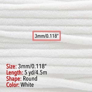 Close-up of 3mm round white stretch cord with a size, length and colour label