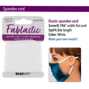Fablastic 5mm white elastic spandex cord package beside a face mask