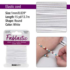 Fablastic 1mm white stretch cord card with specs, a skein and a beaded bracelet