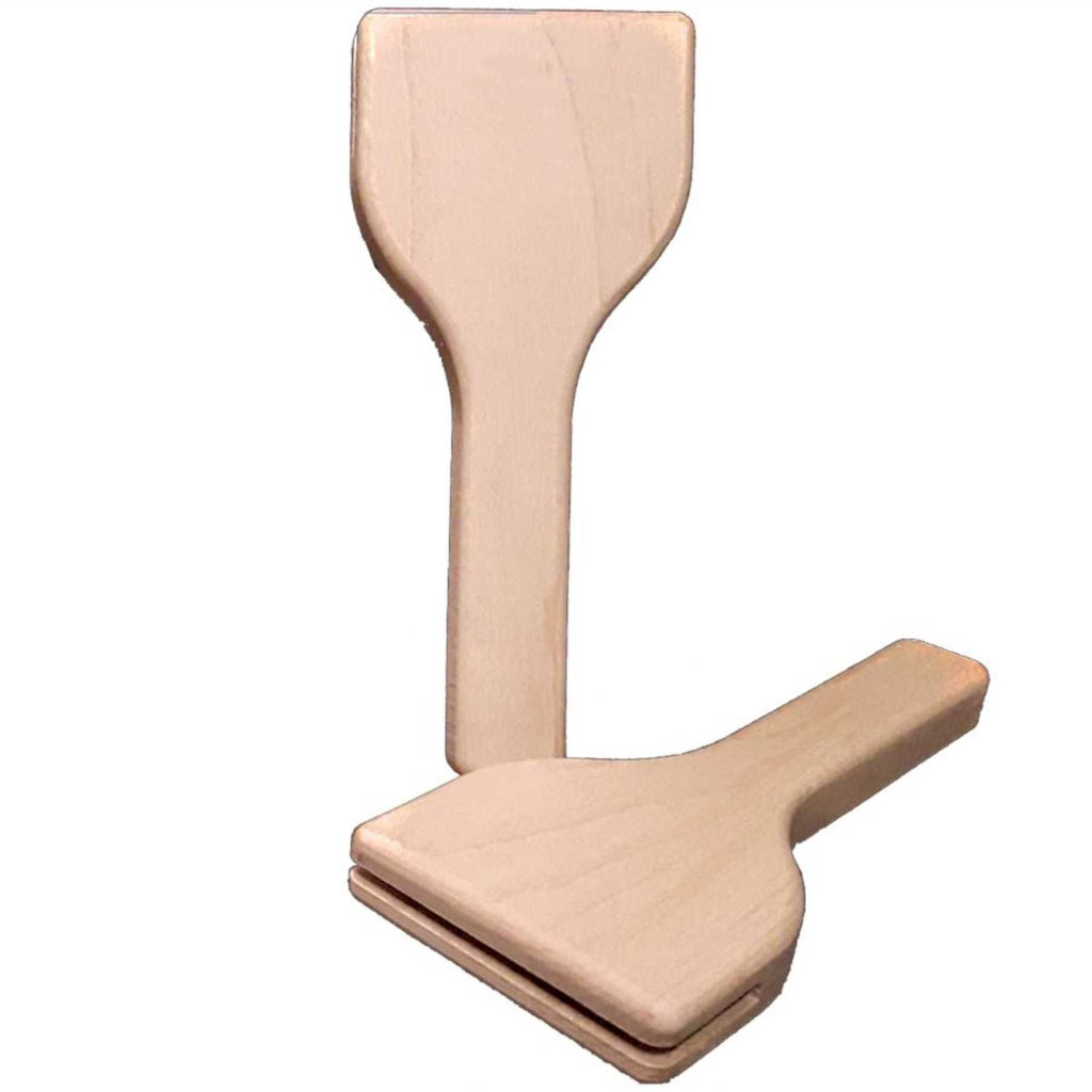 Pair of large blank Style A square-top maple fan handles, one standing and one lying flat