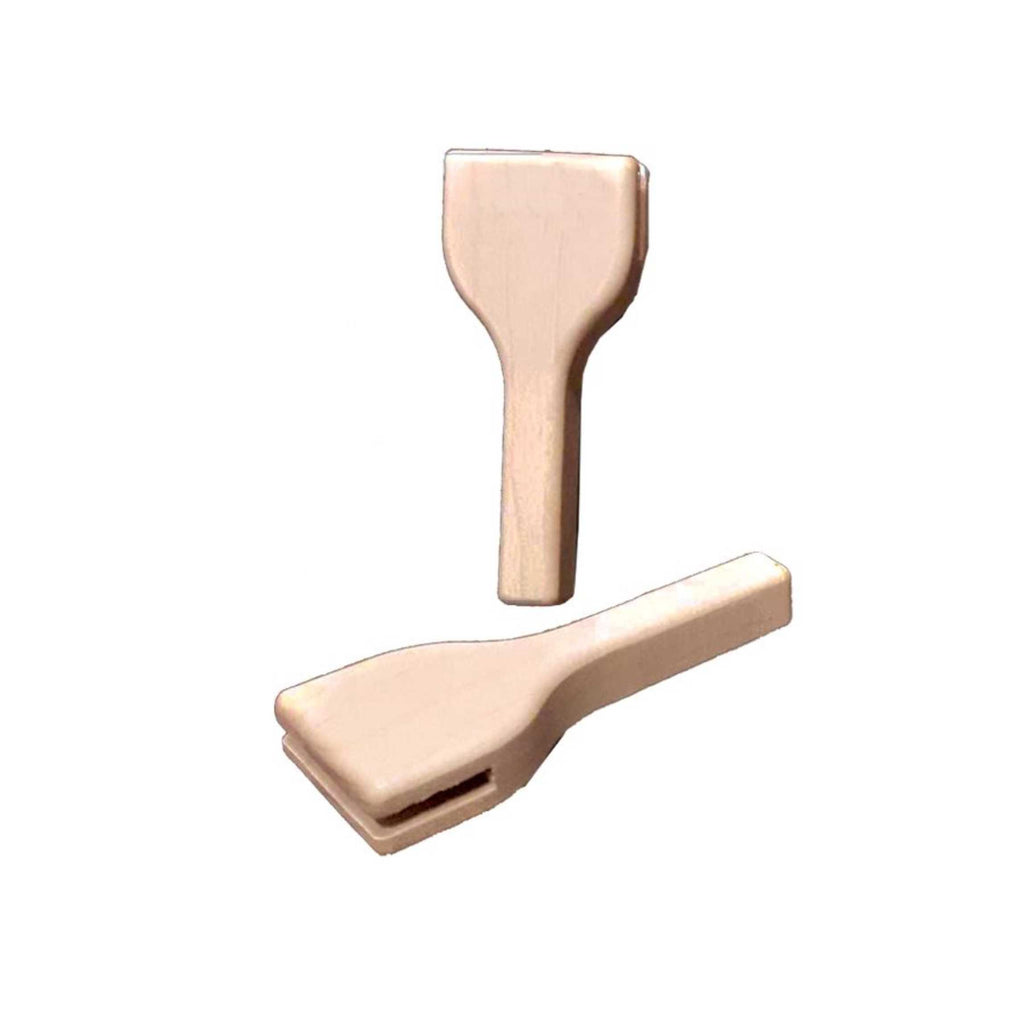 Pair of medium blank Style A square-top maple fan handles, one standing and one lying flat