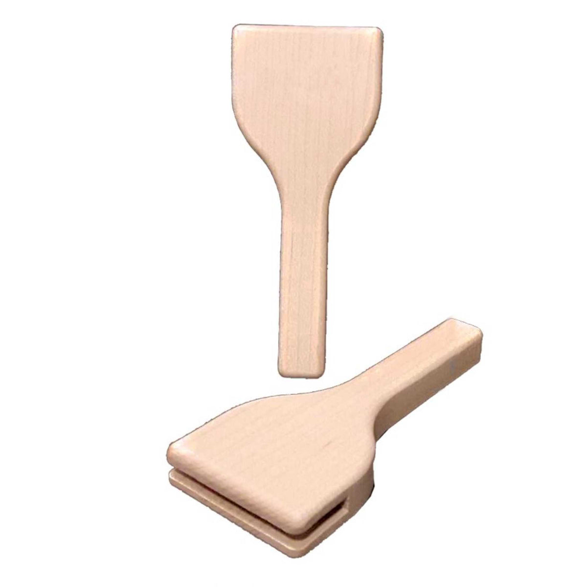 Pair of small blank Style A square-top maple fan handles, one standing and one lying flat