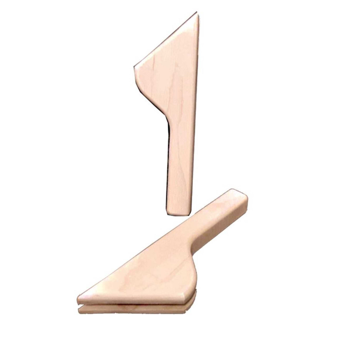 Pair of small blank Style B angled maple fan handles, one standing and one lying flat