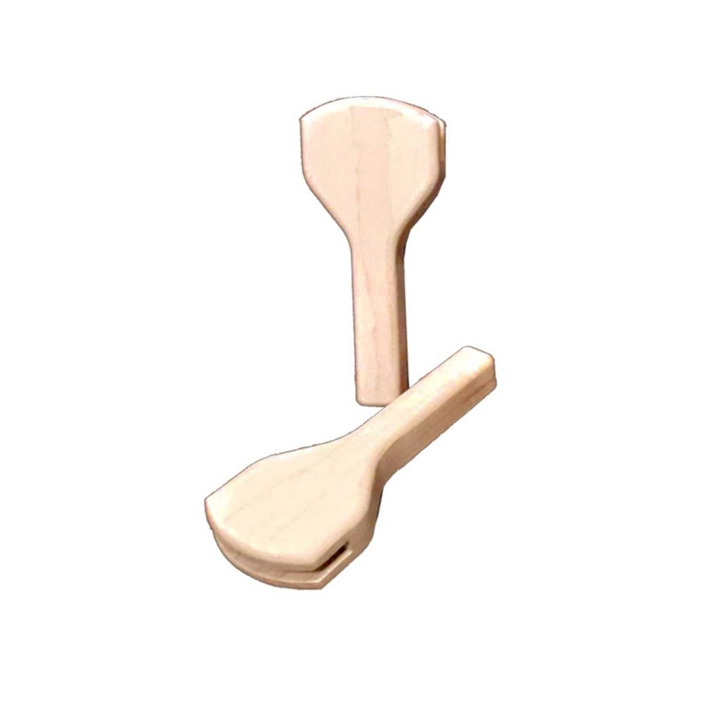 Pair of medium blank Style C rounded maple fan handles, one standing and one lying flat