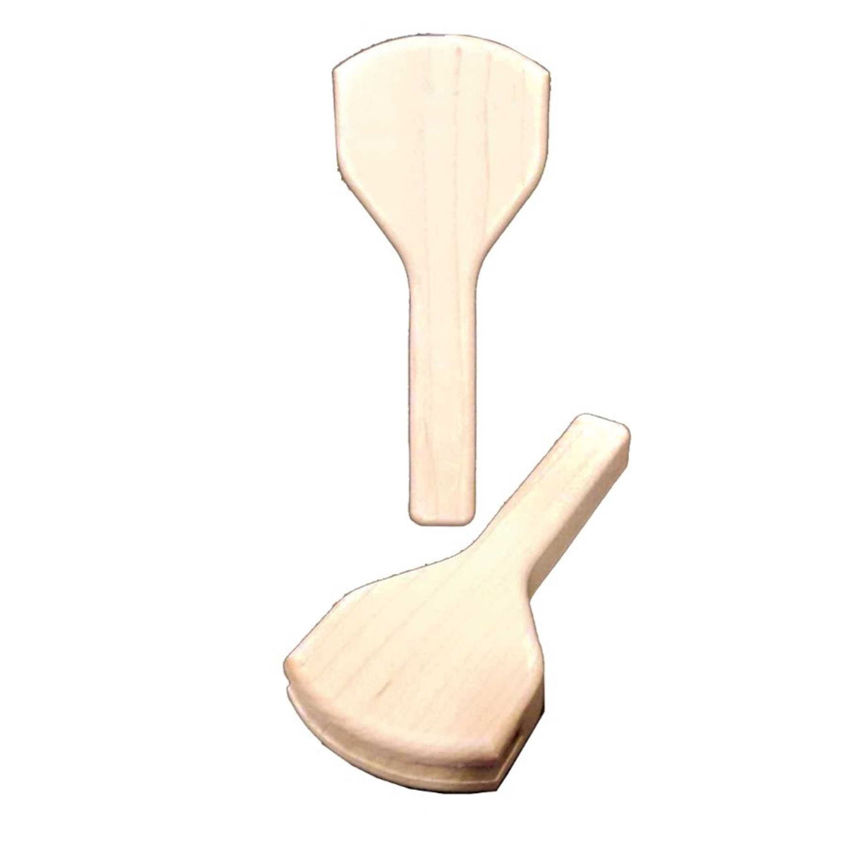 Pair of small blank Style C rounded maple fan handles, one standing and one lying flat