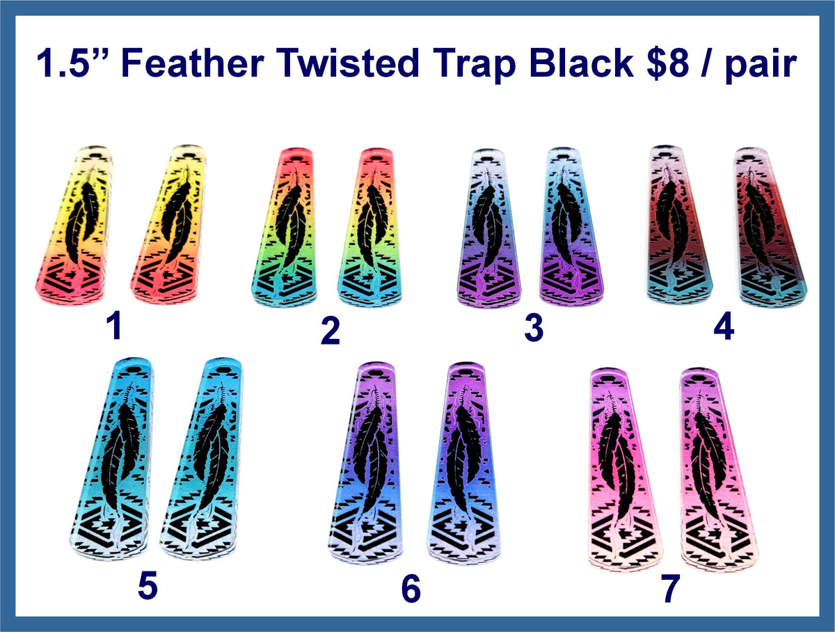 Seven pairs of black acrylic twisted trap cabochons with engraved feathers in bright painted colours