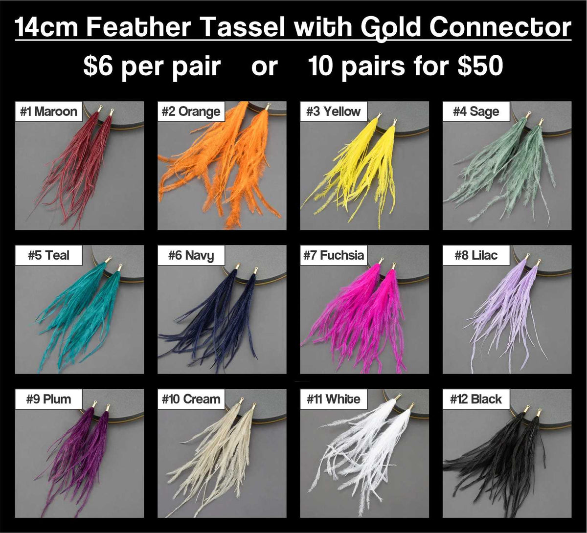 Chart of 12 colours of 14cm feather tassels with gold connectors, from maroon to black