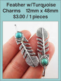 Two silver-tone 12 x 48mm feather charms with a turquoise-coloured stone, held in a hand